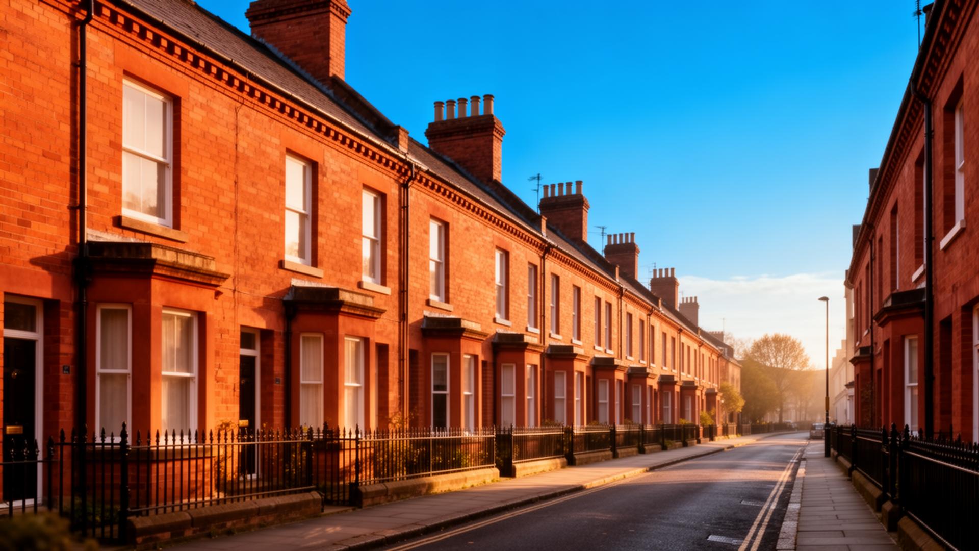 Liverpool red-brick terraced houses at sunrise